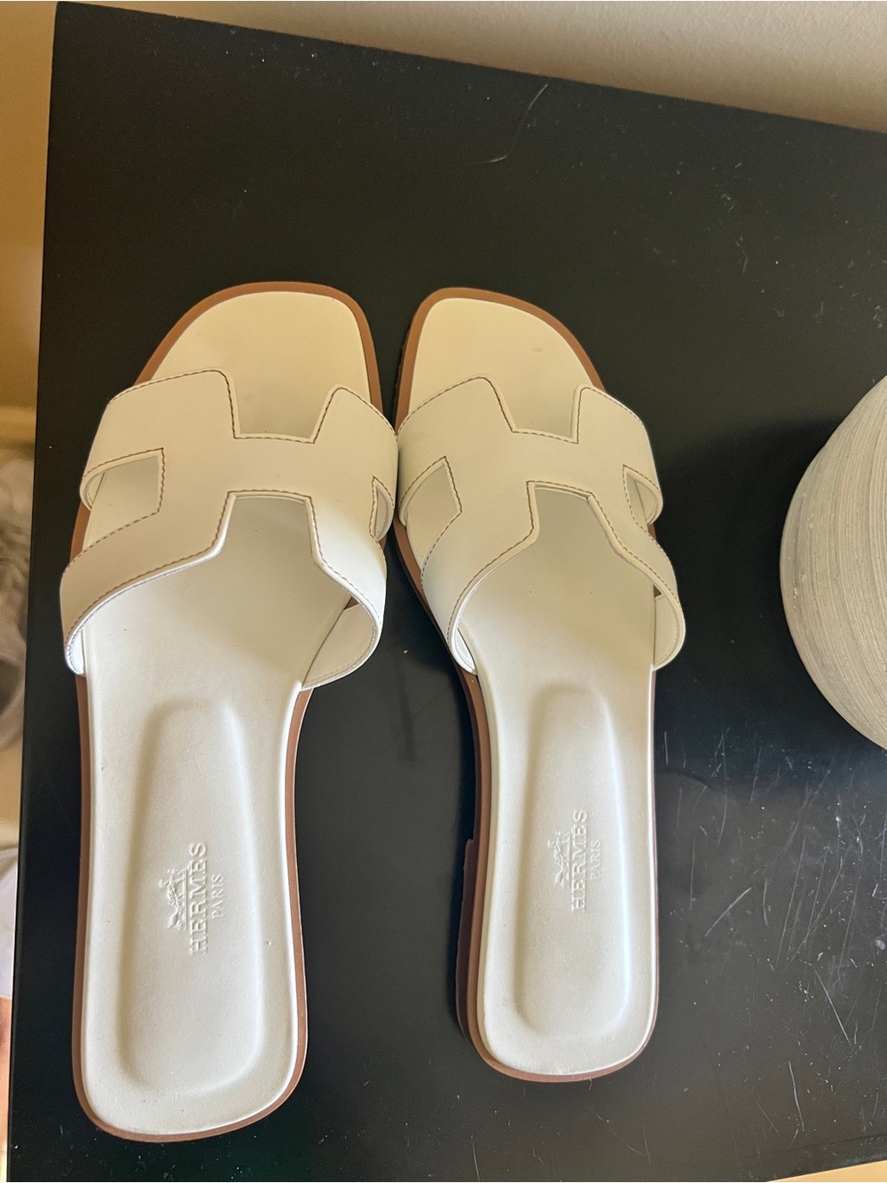 Hermes Cream Leather H-Slide Sandals